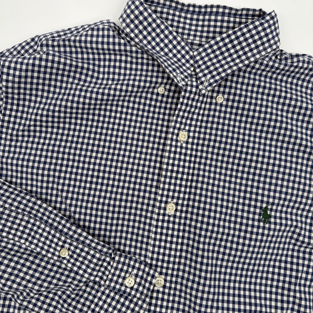 Ralph Lauren Gingham Shirt Mens Sz Lg Blue Button Down Check Green Pony Oxford